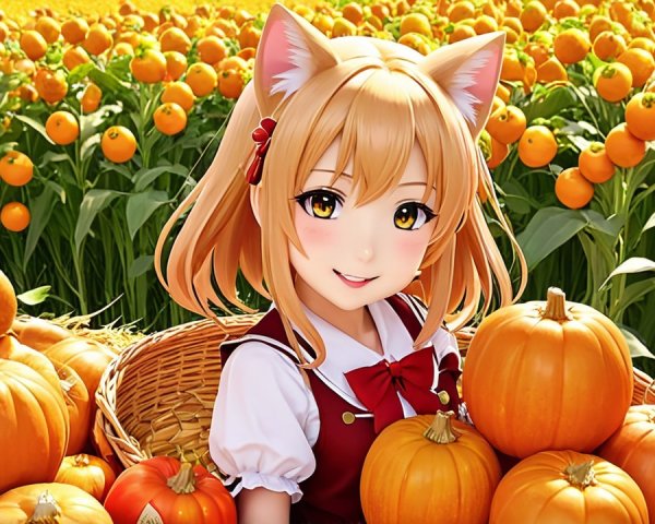 Cheerful Anime Character in Autumn Pumpkin Field