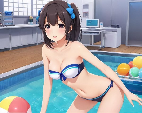 Cheerful girl in bikini by a bright swimming pool