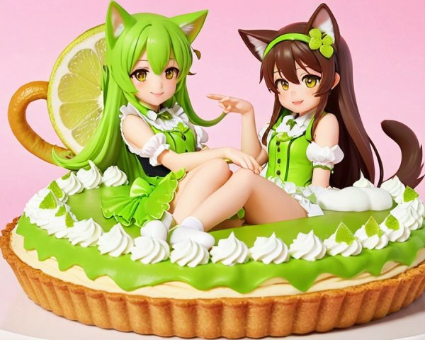 Anime-style figures on a decorative pie with accents