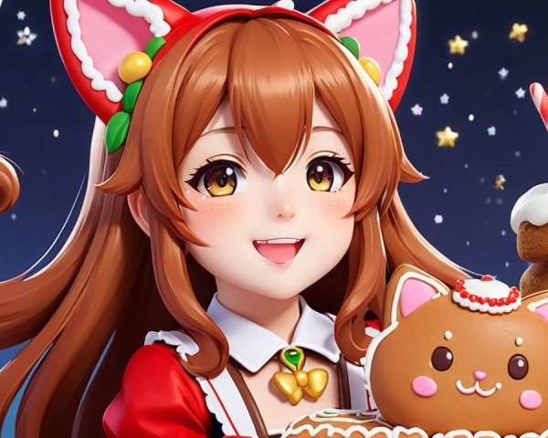 Cheerful character with cat ears in festive setting