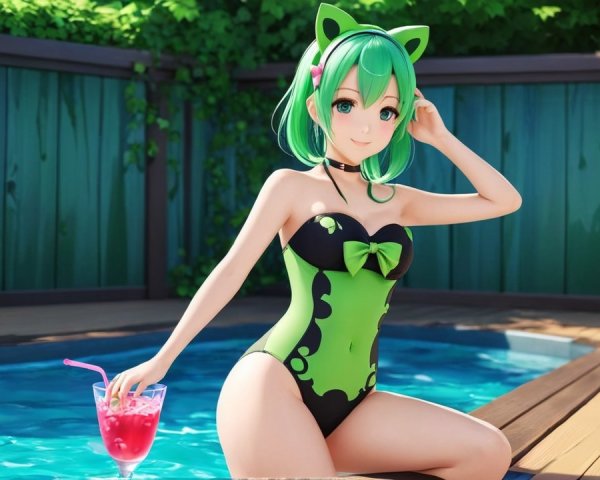 Vibrant Anime Character by Pool in Stylish Swimsuit