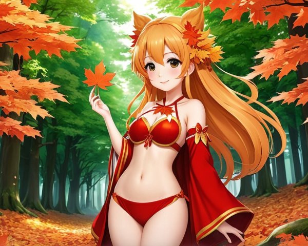 Anime Character in Fiery Autumn Forest Setting