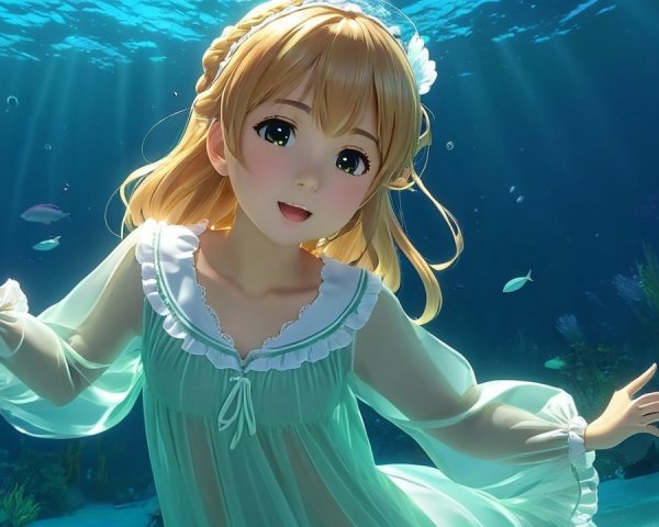 Underwater Scene with Girl in White Dress and Fish