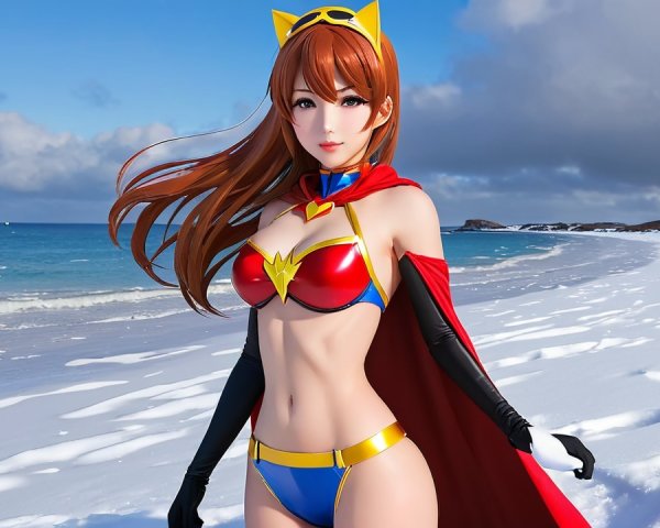 Vibrant Superhero Character on Snowy Beach Scene