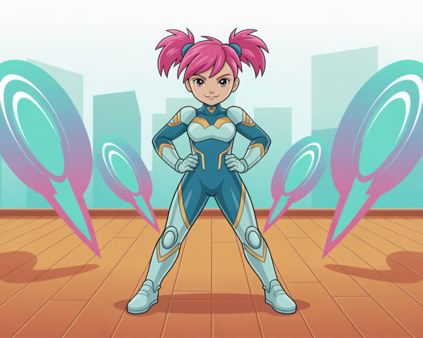 Superhero Girl in Blue Suit with Pink Pigtails