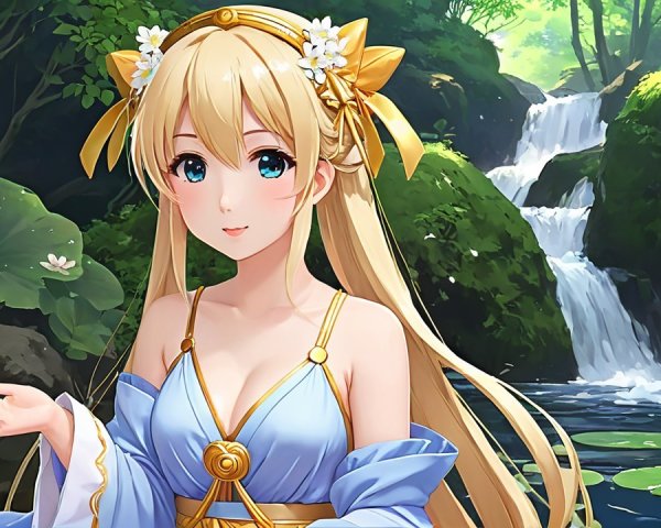 Anime Character in Blue Dress Surrounded by Nature