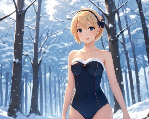 Character in Swimsuit in Snowy Winter Forest