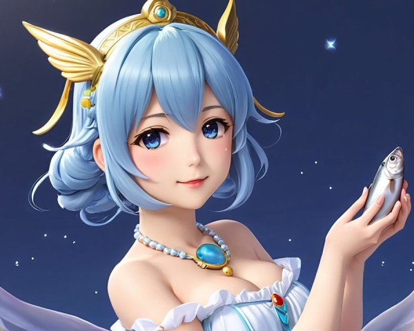 Anime character with blue hair and delicate wings