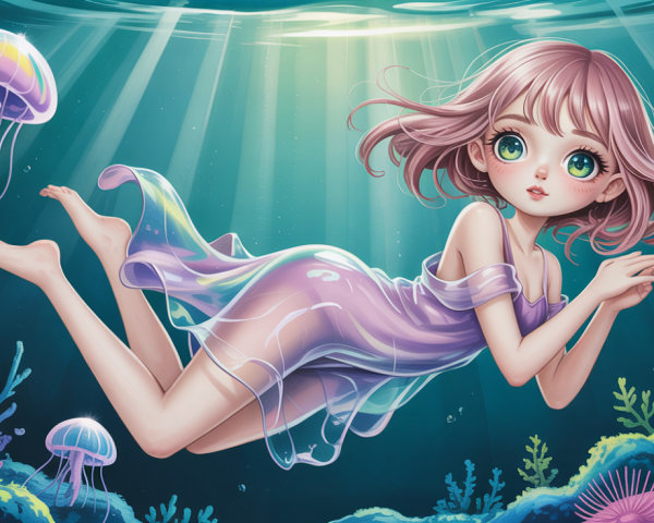 Kawaii Anime Girl Swimming Among Jellyfish and Coral