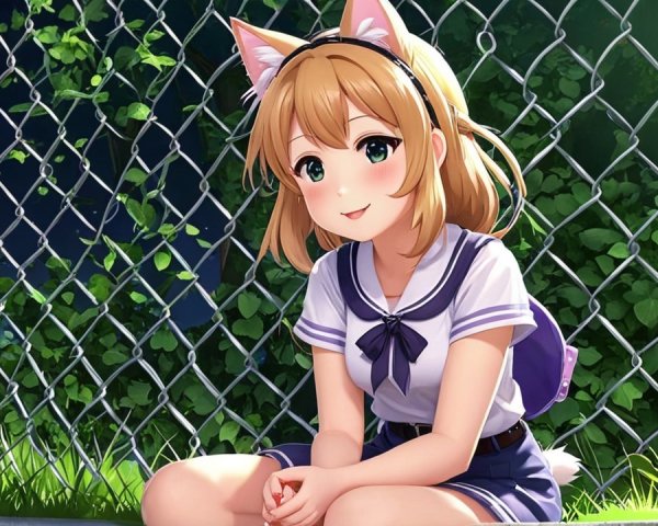 Anime Girl with Cat Ears by Chain-Link Fence