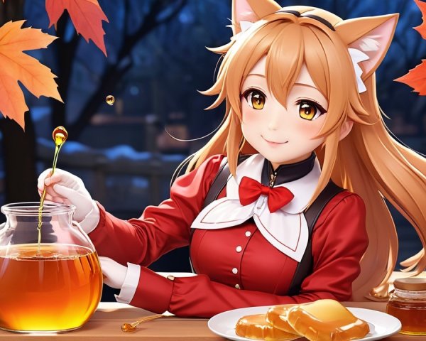 Fox-like character in autumn setting with tea and honey