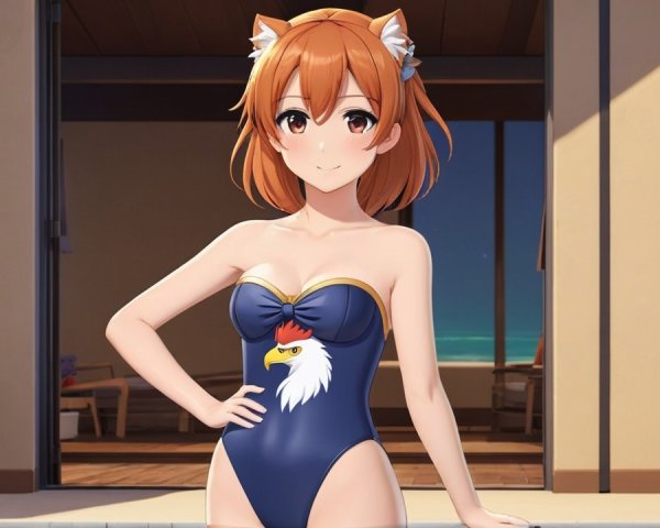 Cheerful Anime Character in Blue Swimsuit by Pool