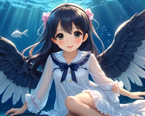 Underwater Scene with Girl and Feathered Wings