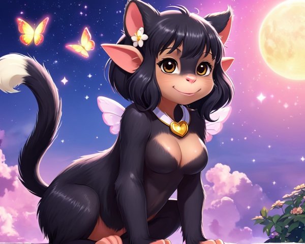 Whimsical Cat-like Character Under Full Moon