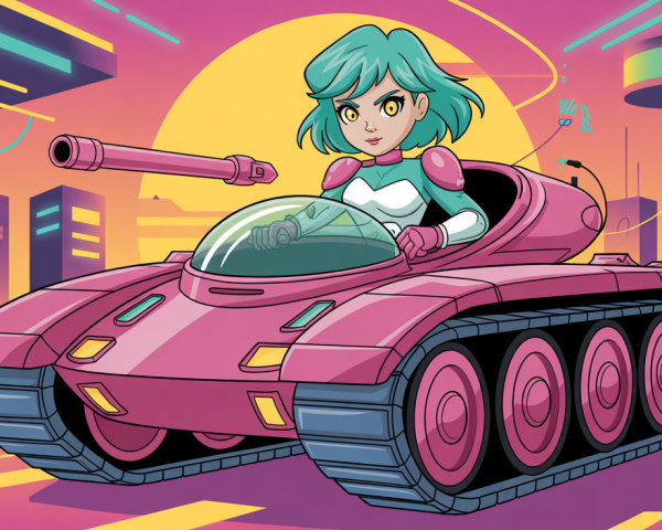 Anime Illustration of Woman in Tank at Sunset City