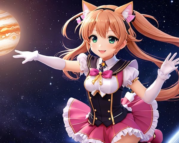 Anime Character with Cat Ears Floating in Space