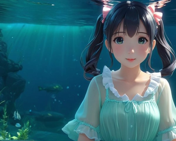 Young girl underwater with pigtails and fish