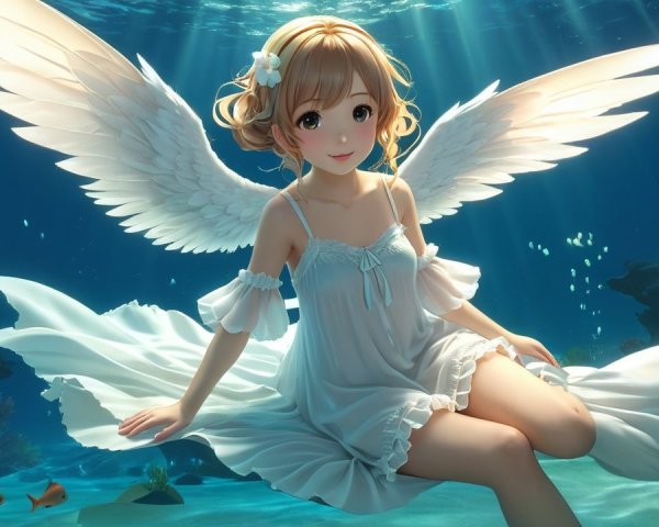 Underwater Scene of a Girl with Feathered Wings