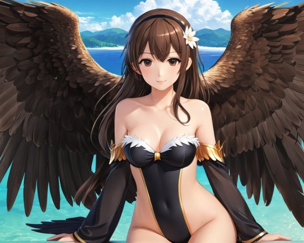 Elegant Winged Character by Serene Beach Scene