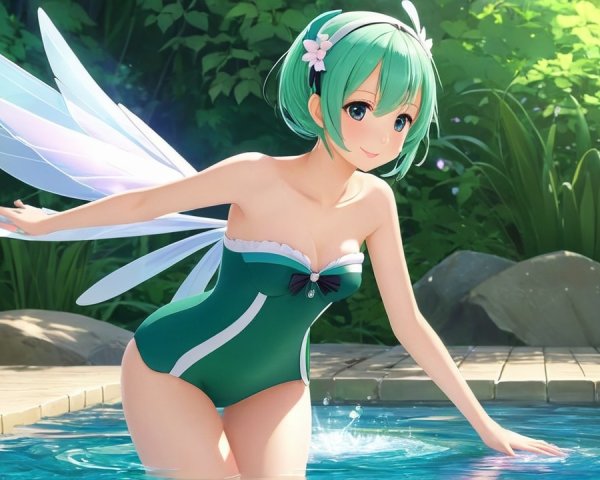 Anime Fairy Girl in Pool with Iridescent Wings