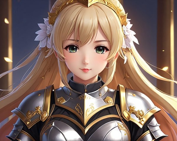 Anime Character in Elegant Silver Armor with Flowers