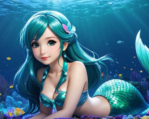 Mermaid on Coral Reef with Colorful Marine Life