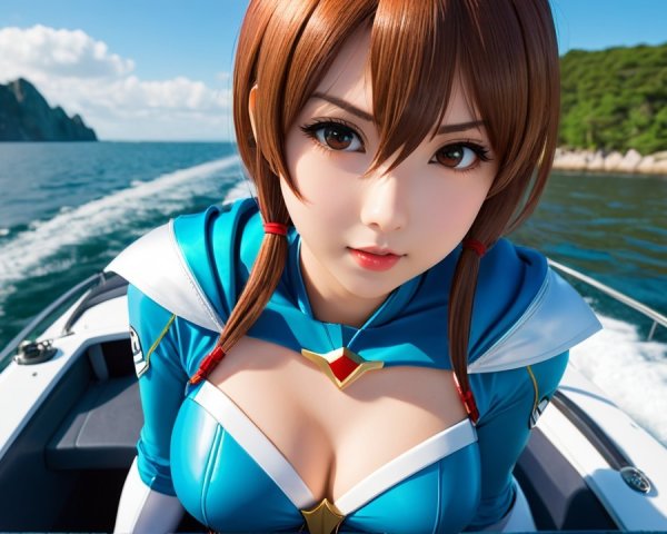 Young woman in superhero outfit on a scenic boat