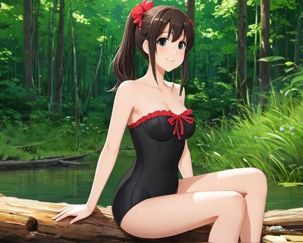 Anime Character by Serene Forest Lake in Swimsuit