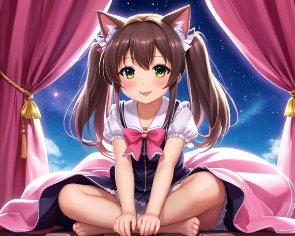 Anime girl on stage with curtains and starry sky