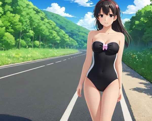 Young Woman in Black Swimsuit by Scenic Road