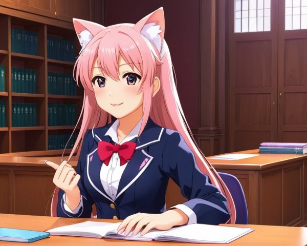 Cozy Library Scene with Character in School Uniform