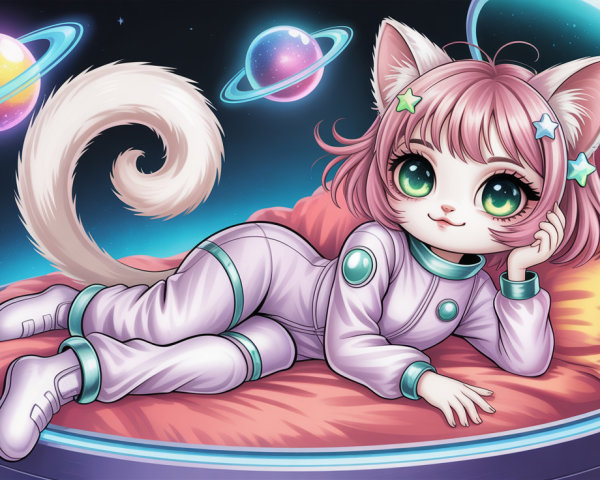 Chibi Cat Girl in Spaceship with Colorful Planets