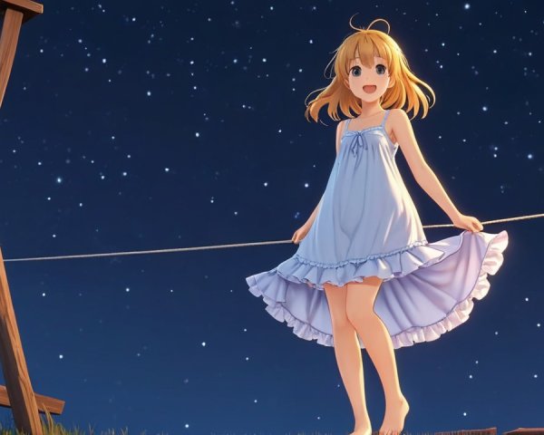 Young girl on clothesline under starry night sky