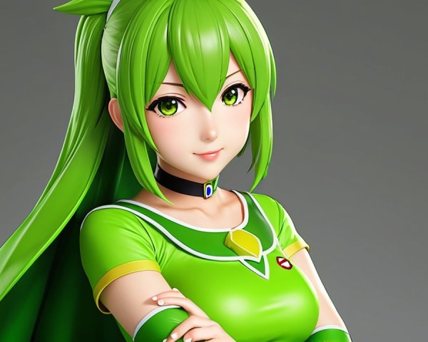 Vibrant Animated Character with Green Hair and Attire
