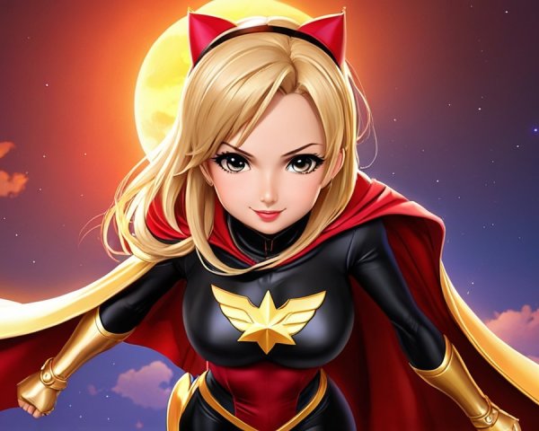 Stylized Superheroine in Black and Gold Costume