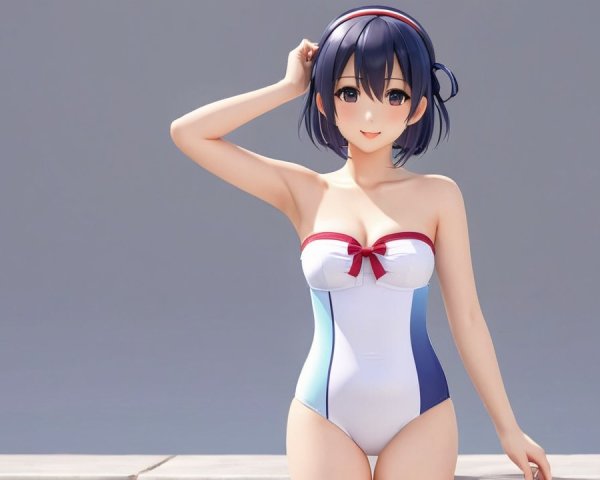 Young woman in stylish swimsuit with red bow accent