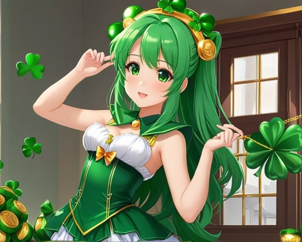 Cheerful Character in Green Outfit with Shamrocks and Coins