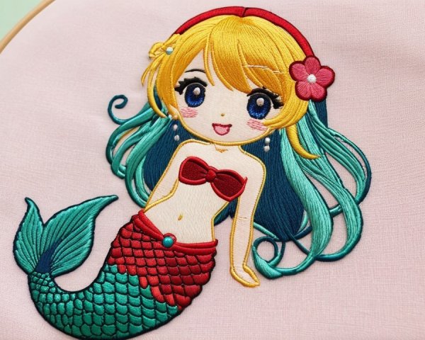 Colorful Embroidered Mermaid Design on Pink Fabric