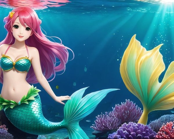 Vibrant Underwater Scene with Colorful Mermaid