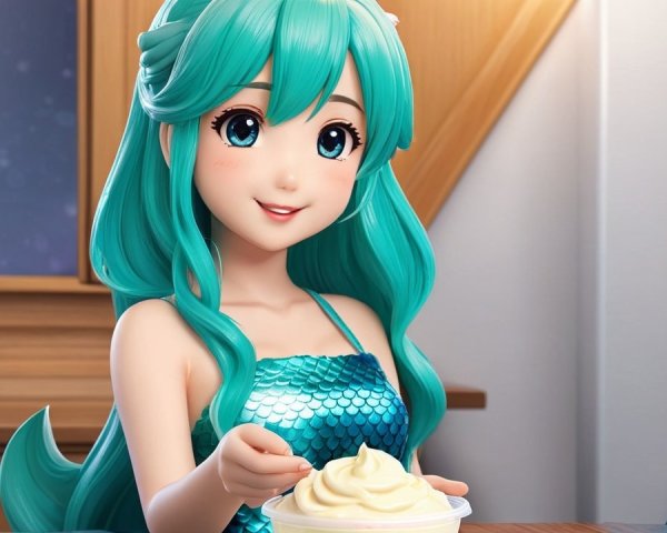 Cheerful character with turquoise hair and dessert cup