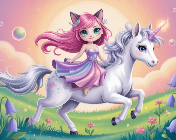 Chibi Fantasy Girl on Unicorn in Magical Landscape