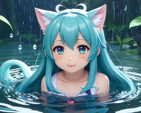 Colorful Character with Aqua Hair in Water Scene
