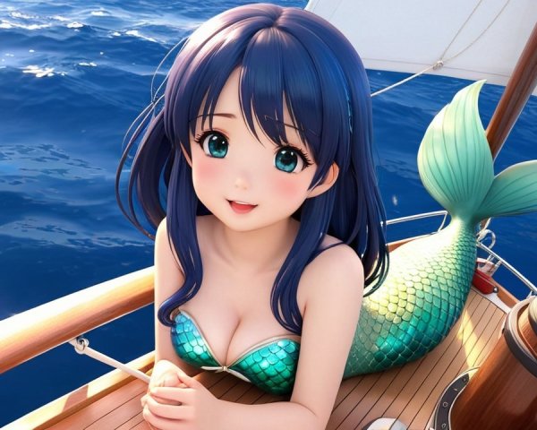 Vibrant Mermaid Scene on Sailboat with Ocean Background
