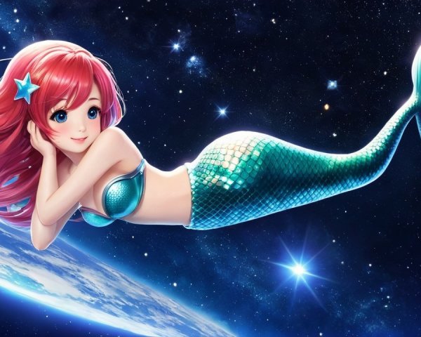 Whimsical mermaid in cosmic fantasy setting