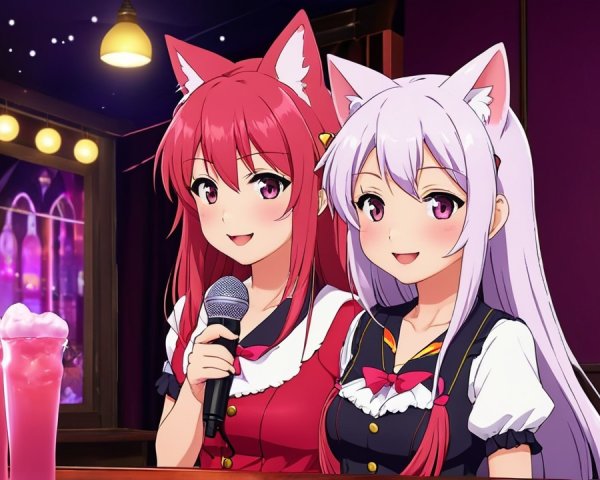 Cheerful anime characters in a vibrant bar setting