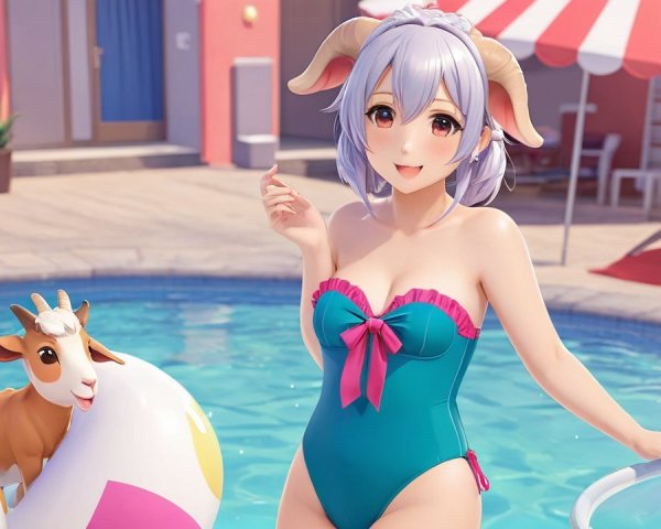 Cheerful anime character by a blue swimming pool