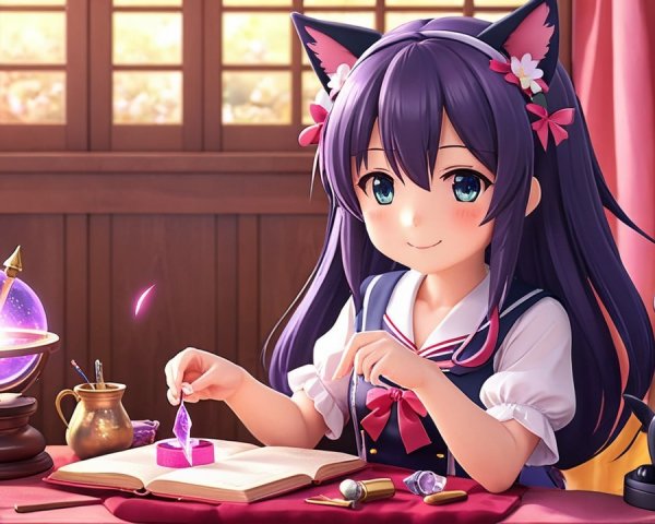 Young girl with cat ears writing at a wooden desk