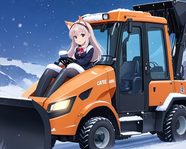 Anime Character in Snowplow in Snowy Landscape