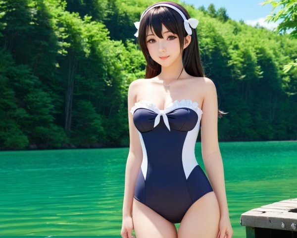 Young woman by turquoise lake in stylish swimsuit