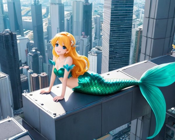 Mermaid on Skyscraper in Urban Fantasy Scene